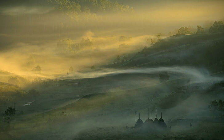 Foto de alto ángulo de la cordillera cubierta de niebla, naturaleza, paisaje, niebla, bosque, luz solar, campo, árboles, valle, Rumania, colinas, Fondo de pantalla HD