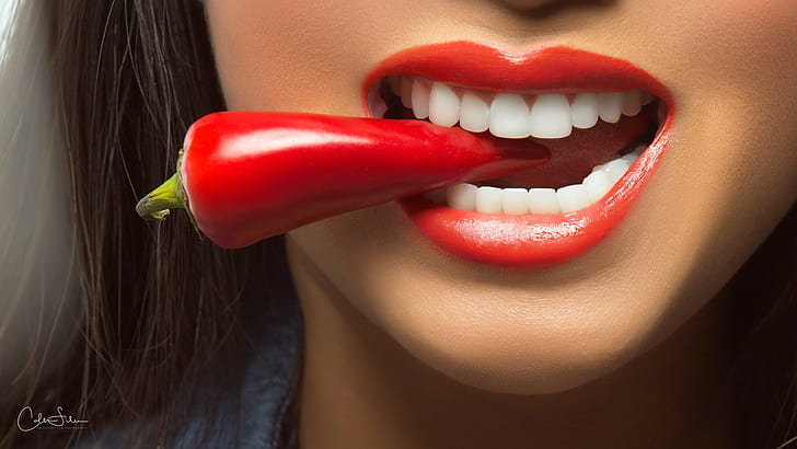 mouths, lips, teeth, red lipstick, women, chilli peppers, HD wallpaper
