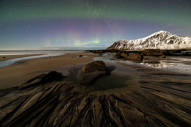 snow covered mountain, norway, norway, beach, night, norway, snow, covered, mountain, norwegen, fjord, water, eos, Stein  stone, canon, landscape, sun, lofoten, europe, europa, nature, National  Geographic, 6d, long  exposure, color, Travel  Photography, magic, light, Outdoor, Sand, Aurora Borealis, nordlicht, sky, deep, nord, northern light, Flakstad, globetrotter, HD wallpaper