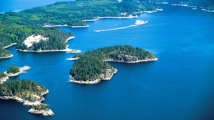 isla verde, naturaleza, paisaje, bosque, isla, Columbia Británica, mar, azul, verde, vista aérea, playa, Fondo de pantalla HD