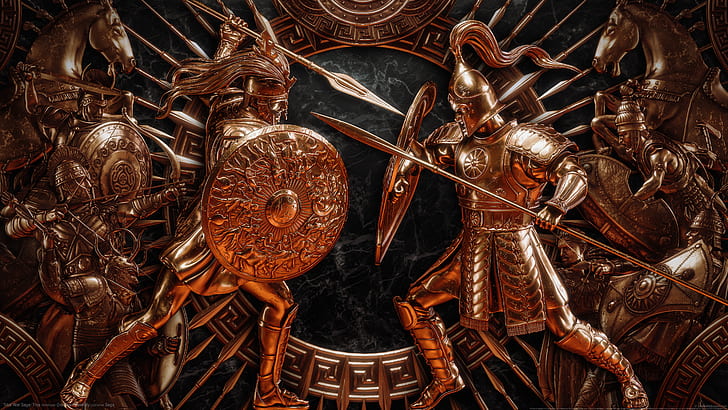 Total War Saga: TROY, video games, ancient greece, digital art, video game art, shield, spear, Spartans, horse, bow, HD wallpaper