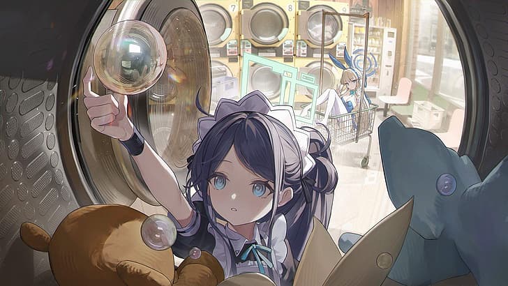 Blue Archive, washing machine, bubbles, bunny ears, anime girls, HD wallpaper