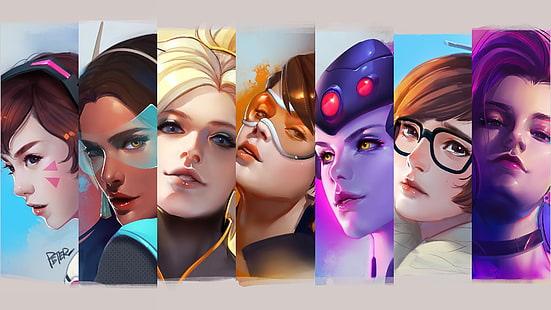 Gambar kolase foto karakter perempuan 3D, Overwatch, DVa, Mei, Mercy, Symmetra, Tracer, Widowmaker, Zarya, 4K, Wallpaper HD HD wallpaper