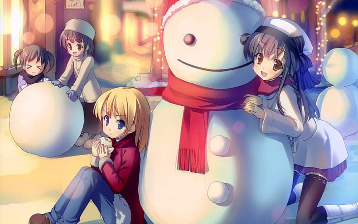 Anime barn som leker i snön, svart hår kvinnlig anime charc = acter, anime, 2560x1600, snö, vinter, snögubbe, HD tapet