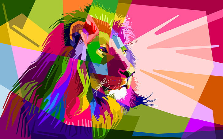 Djur, konstnärlig, färgglad, färger, geometri, lejon, HD tapet