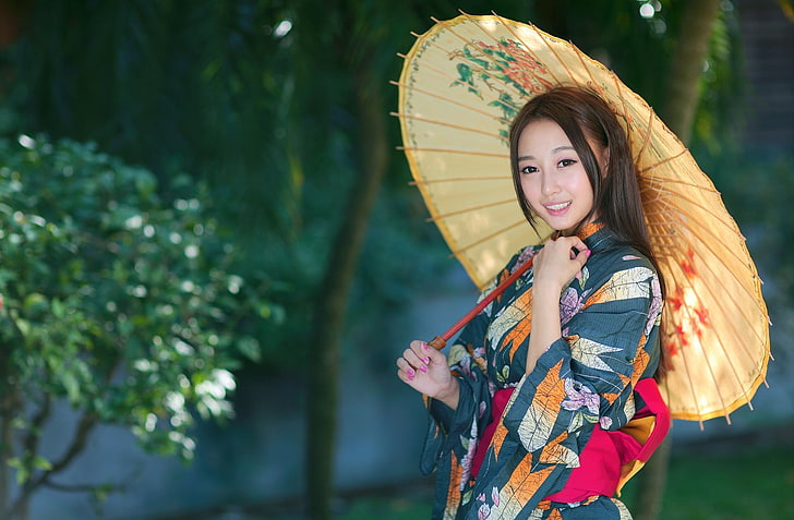 yellow paper oil umbrella, girl, style, umbrella, outfit, Asian, HD wallpaper