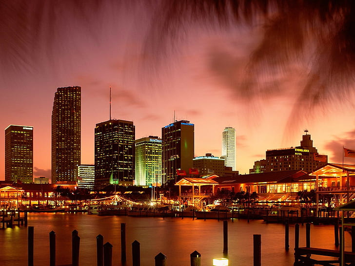 Маями, град, градски пейзаж, лодка, градски светлини, HD тапет