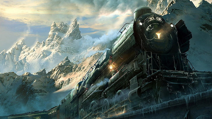 plakat dotyczący transportu kolejowego, lokomotywa parowa, dzieło sztuki, Tapety HD