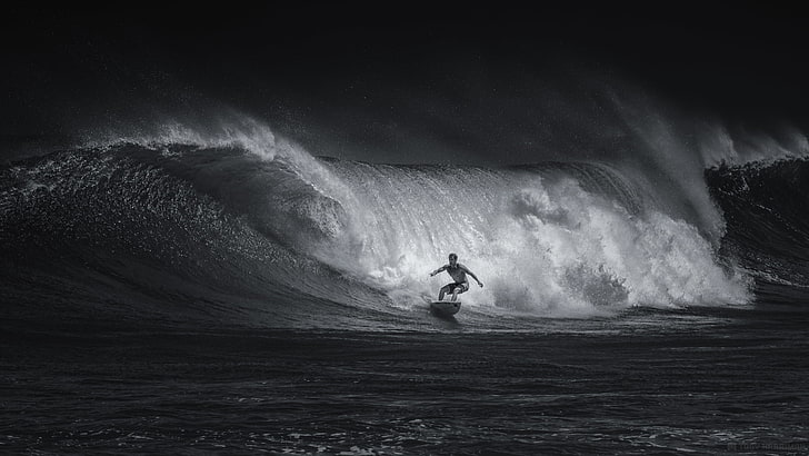 persona surf, deporte, ola, surf, blanco y negro, Fondo de pantalla HD