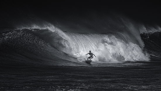 person surfa, sport, våg, surfing, svartvitt, HD tapet HD wallpaper