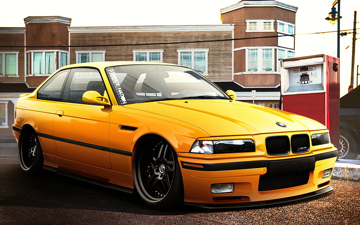 żółte BMW E36 coupe, samochód, auto, BMW, tuning, bmw m3, E36, tapeta auto, Tapety HD