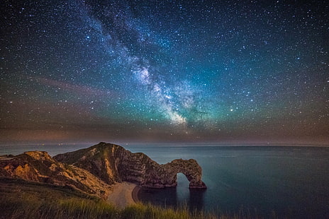 Earth, Durdle Door, Cliff, Dorset, England, Limestone, Milky Way, Night, Sea, Shore, HD wallpaper HD wallpaper