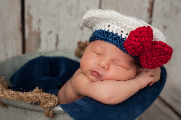 bonnet en tricot blanc et bleu pour bébé, bébé, sommeil, bonnet tricoté, Fond d'écran HD
