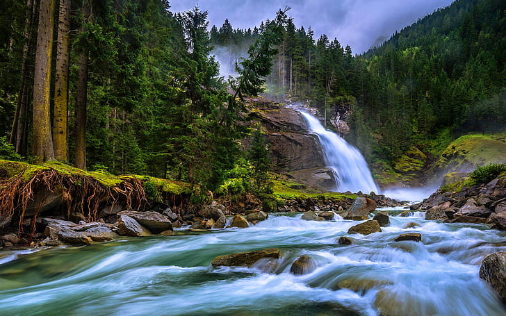 Krimml vattenfall i Salzburgs nationalpark Hohe Tauern Österrike Mountain River Rock tallar rötter Vacker Hd tapet 2560 × 1600, HD tapet