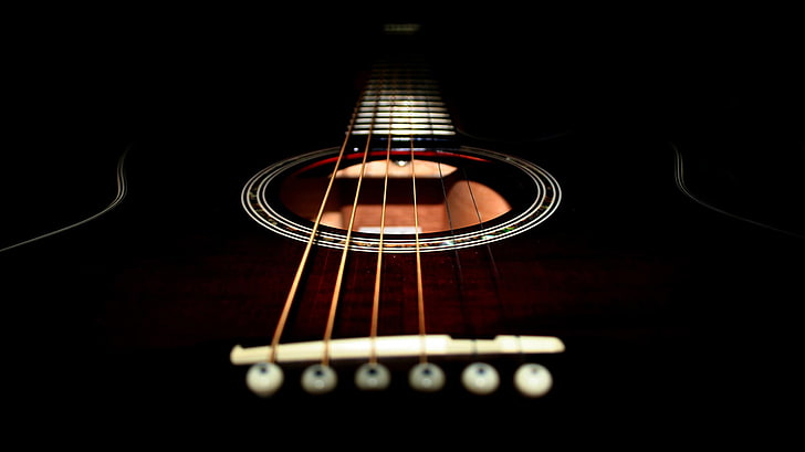 brown acoustic guitar, music, guitar, dark, simple, HD wallpaper