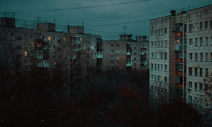 hus, stad, Ryssland, bleka, grå, dyster, träd, falla, HD tapet