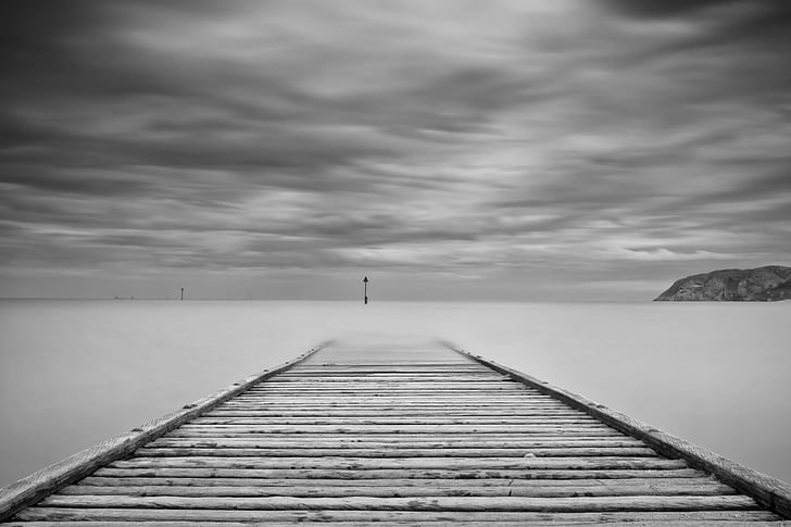 grayscale photography of wooden dock, Sea, grayscale, photography, wooden, dock, Long Exposure, LE, Black and White, monochrome, landscape, seascape, Wales, Ocean, nature, jetty, pier, wood - Material, boardwalk, outdoors, water, sky, tranquil Scene, lake, coastline, HD wallpaper