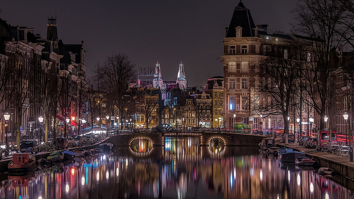 amsterdam, europe, city lights, canal, reflection, netherlands, night, cityscape, netherland, bridge, urban area, evening, HD wallpaper