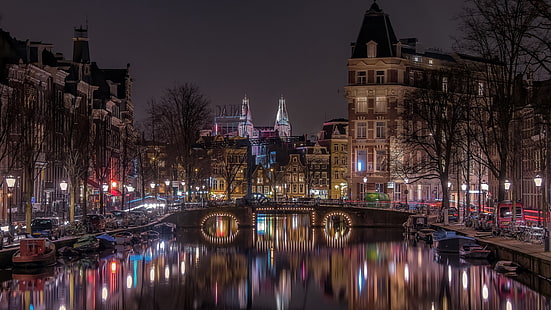 amsterdam, europe, city lights, canal, reflection, netherlands, night, cityscape, netherland, bridge, urban area, evening, HD wallpaper HD wallpaper