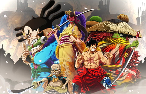 One Piece, Hyogoro (One Piece), Kawamatsu (One Piece), Kiku (One Piece), Monkey D. Luffy, Raizo (One Piece), HD тапет HD wallpaper