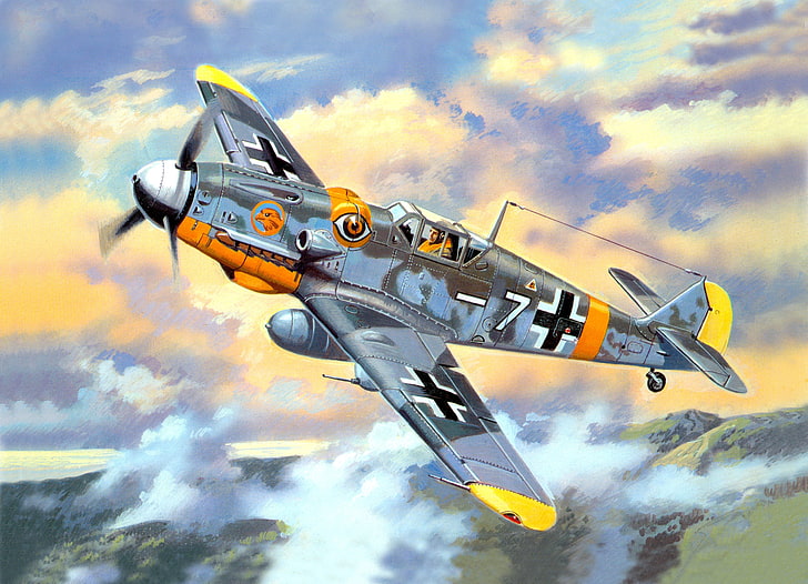 grey and orange plane illustration, the sky, clouds, figure, fighter, art, German, WW2, Bf - 109G - 6, HD wallpaper