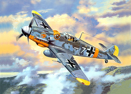 grau und orange Flugzeug Illustration, der Himmel, Wolken, Figur, Kämpfer, Kunst, Deutsch, WW2, Bf - 109G - 6, HD-Hintergrundbild HD wallpaper