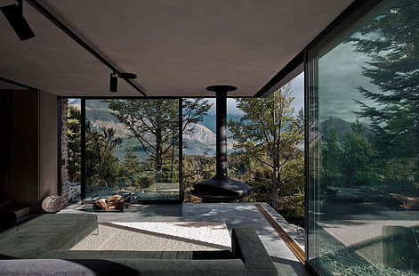 clear glass panels, nature, house, furniture, interior, fireplace, HD wallpaper HD wallpaper