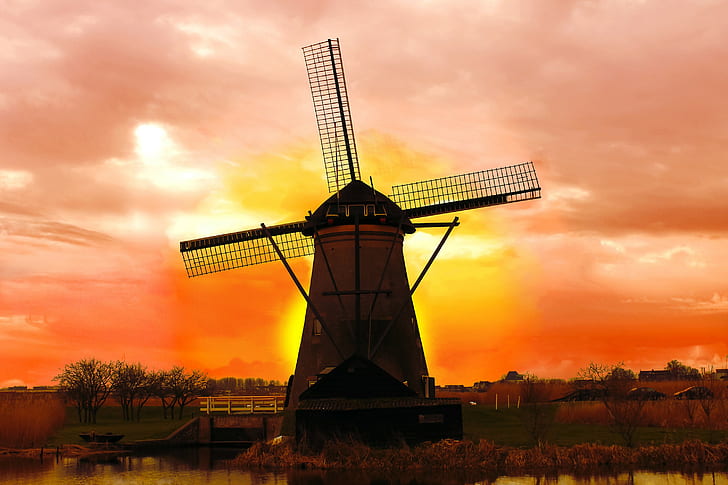 The Netherlands, river, dawn, mill, The Netherlands, HD wallpaper