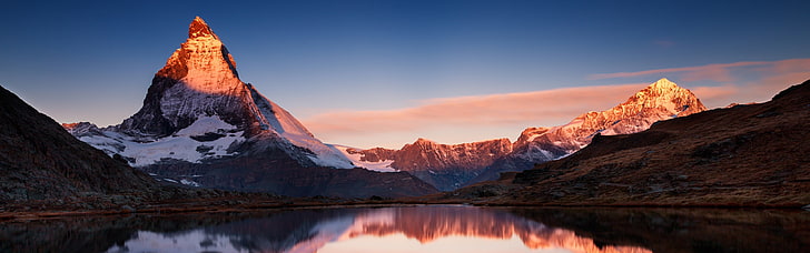 montaña blanco y negro, paisaje, montañas, puesta de sol, nieve, lago, pantalla múltiple, naturaleza, Matterhorn, monitores duales, Fondo de pantalla HD