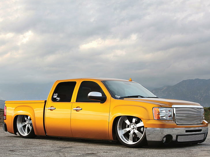 The Gold Standard, yellow crew cab pickup truck, truck, chrome-wheels, lowered, HD wallpaper