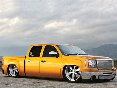 The Gold Standard, camionnette jaune à cabine multiplace, camion, roues chromées, abaissé, Fond d'écran HD HD wallpaper