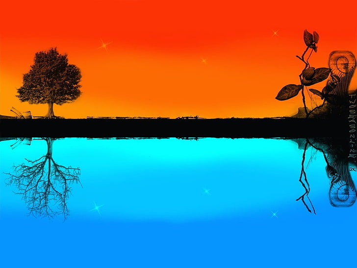 grönt träd, horisont, färgrikt, träd, abstrakt, konstverk, orange, blått, HD tapet
