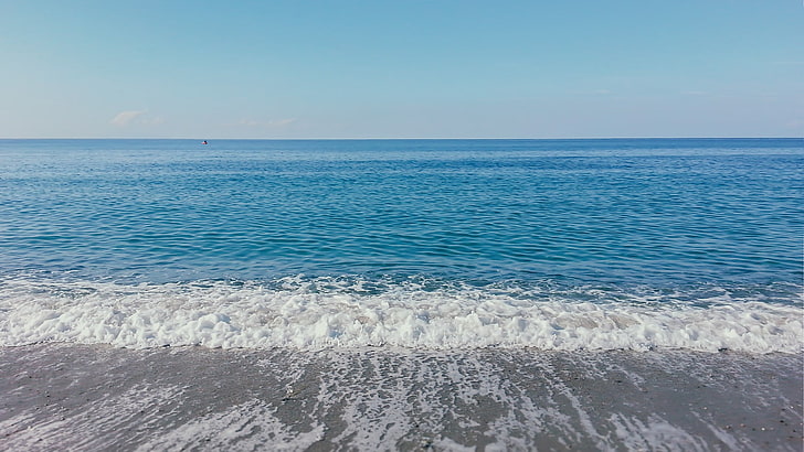 파란과 백색 꽃 지역 양탄자, 해변, 바다, 수평선, 모래, HD 배경 화면