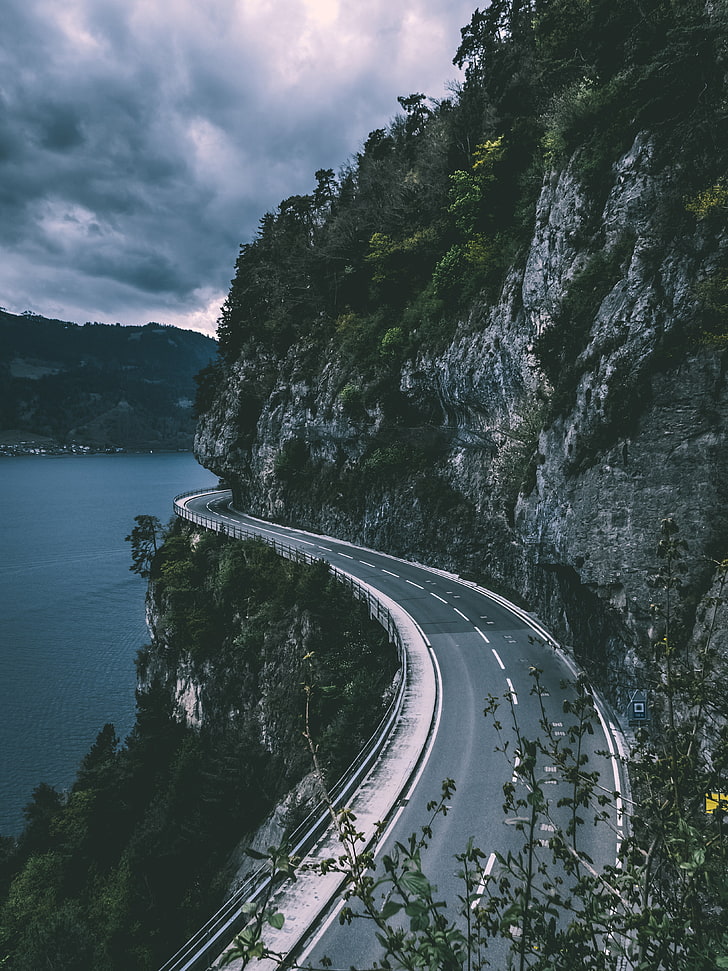 gray concrete road, sigriswil, switzerland, mountains, road, sea, HD wallpaper