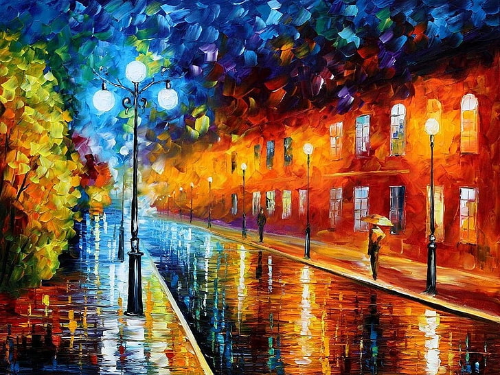 street lights and road painting, artwork, street, painting, Leonid Afremov, HD wallpaper