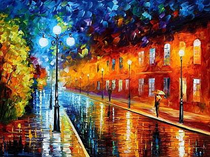 street lights and road painting, artwork, street, painting, Leonid Afremov, HD wallpaper HD wallpaper