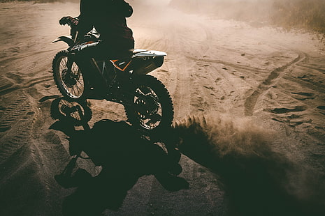 black motocross dirt bike, motorcyclist, motorcycle, sand, HD wallpaper HD wallpaper