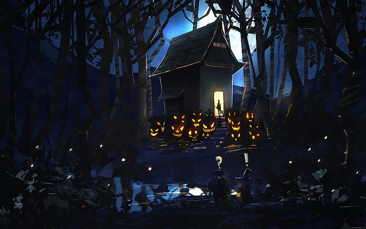 Crowd of pumpkin before a haunted house, nightmare before christmas illustration, pumpkin, halloween, night, dark, horror, cartoon, HD wallpaper