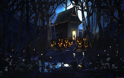 Тълпа тиква преди къща с духове, кошмар преди коледна илюстрация, тиква, Хелоуин, нощ, тъмно, ужас, карикатура, HD тапет HD wallpaper