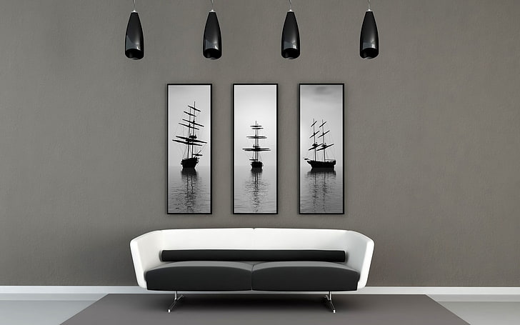 sofá de 2 plazas blanco y negro, sofá, cuadros, decoración de paredes, diseño, interior, Fondo de pantalla HD