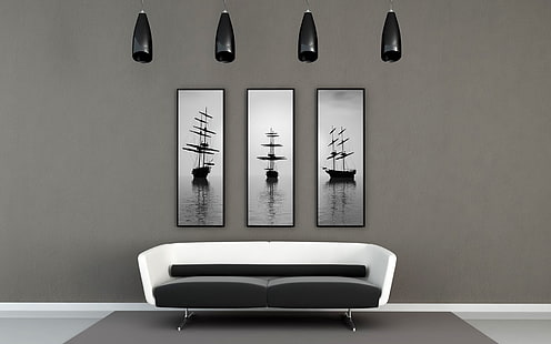 sofá de 2 plazas blanco y negro, sofá, cuadros, decoración de paredes, diseño, interior, Fondo de pantalla HD HD wallpaper
