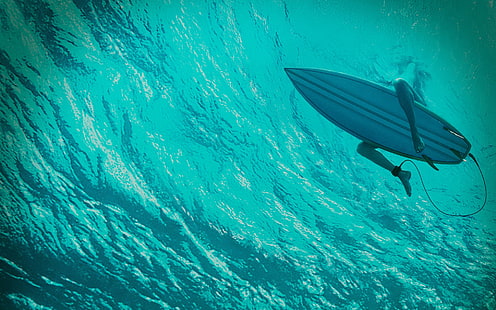 mer, surfeurs, jambes, sous l'eau, eau, vagues, planches de surf, cyan, turquoise, Fond d'écran HD HD wallpaper