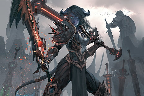 ผู้หญิงที่มีวอลล์เปเปอร์ใบมีดสองใบ WLOP ศิลปะดิจิตอลภาพวาดศิลปะจินตนาการวิดีโอเกม Warcraft ดาบ Draenei World of Warcraft ผู้หญิงตาสีฟ้า, วอลล์เปเปอร์ HD HD wallpaper