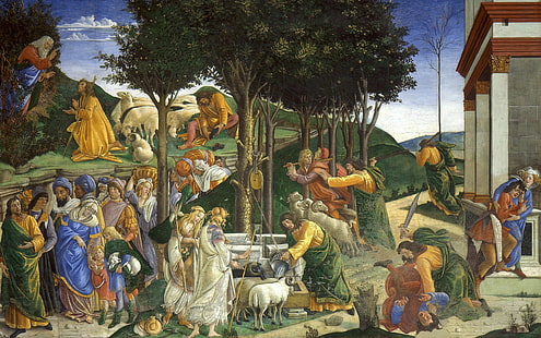 quadro, mitologia, Sandro Botticelli, cenas da vida de Moisés, HD papel de parede HD wallpaper