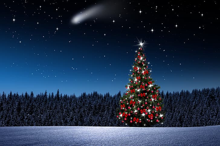 зима, снег, украшения, снежинки, шары, елка, Новый Год, Рождество, счастливы, ночь, С Рождеством, Xmas, Елка, HD обои