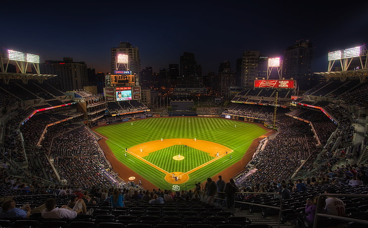 Petco Park, grünes Baseballfeld in der Luftaufnahme, Vereinigte Staaten, Kalifornien, Lichter, Nacht, Feld, Baseball, Stadion, San Diego, HD-Hintergrundbild