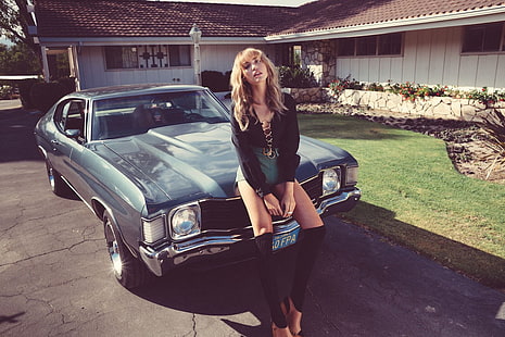 czarna damska koszula z długim rękawem, lata 80-te, damska z samochodami, Chevrolet Chevelle, blond, Tapety HD HD wallpaper