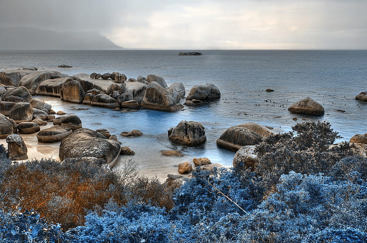 photo of rock formations near body of water under gray sky, Blue, Boulders Beach, HDR, photo, rock, formations, body of water, boulders  beach, landscape, nature, scenery, cape  town, south  africa, travel, tourism, land, scape, scene, scenic, boulder  rock, cloud, clouds, sky, natural, vacation, coast, coastal, coastline, shore, shoreline, sea, ocean  water, beauty, beautiful, tree, mist, misty, fog, color, colour, colors, colours, colorful, surreal, dreamy, dreamlike, fantasy, fantastic, ir, cyan, red, stock, resource, image, picture, photograph, high, res, quality, ca, beach, rock - Object, scenics, water, HD wallpaper
