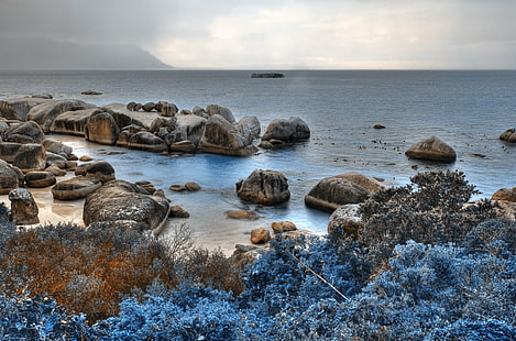 photo of rock formations near body of water under gray sky, Blue, Boulders Beach, HDR, photo, rock, formations, body of water, boulders  beach, landscape, nature, scenery, cape  town, south  africa, travel, tourism, land, scape, scene, scenic, boulder  rock, cloud, clouds, sky, natural, vacation, coast, coastal, coastline, shore, shoreline, sea, ocean  water, beauty, beautiful, tree, mist, misty, fog, color, colour, colors, colours, colorful, surreal, dreamy, dreamlike, fantasy, fantastic, ir, cyan, red, stock, resource, image, picture, photograph, high, res, quality, ca, beach, rock - Object, scenics, water, HD wallpaper HD wallpaper