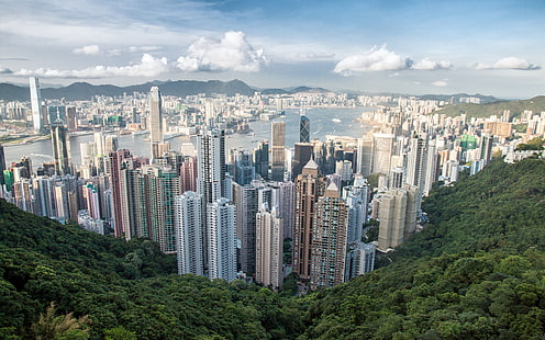 Хонконг, град, градски пейзаж, пристанища, Хонконг, забележителности, фотография, силует, небостъргачи, градски, Виктория Пик, вода, HD тапет HD wallpaper